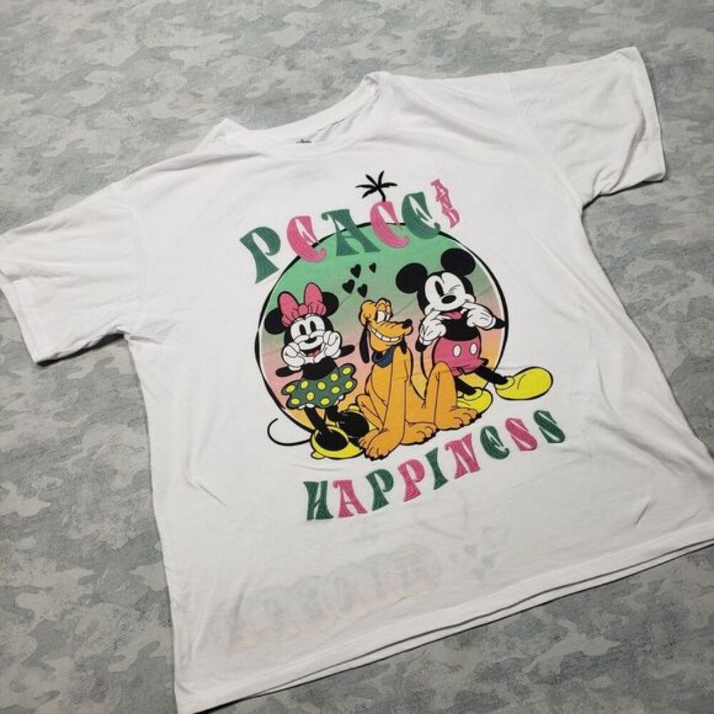 Disney‎ Mickey Mouse Top Womens XL White Short Sleeve Peace And Happiness